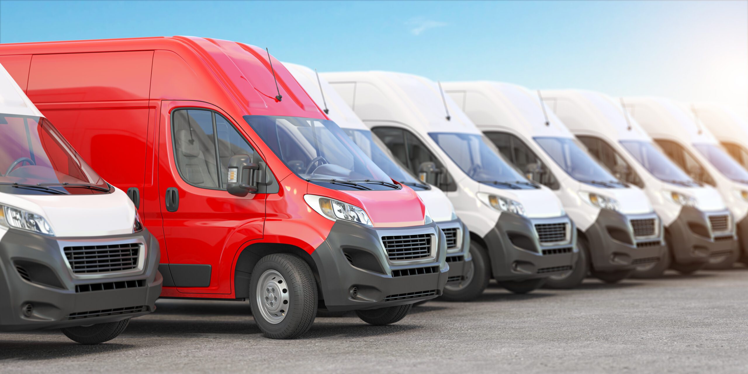 Red delivery van in a row of white vans. Best express delivery and shipemt service concept. 3d illustration